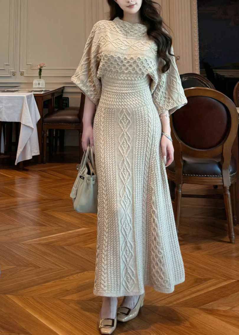 Unique Khaki O-Neck Slim Fit Knit Long Dresses Spring