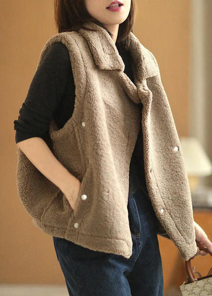 Einzigartige khakifarbene Weste mit Peter-Pan-Kragen und Kunstpelz, ärmellos