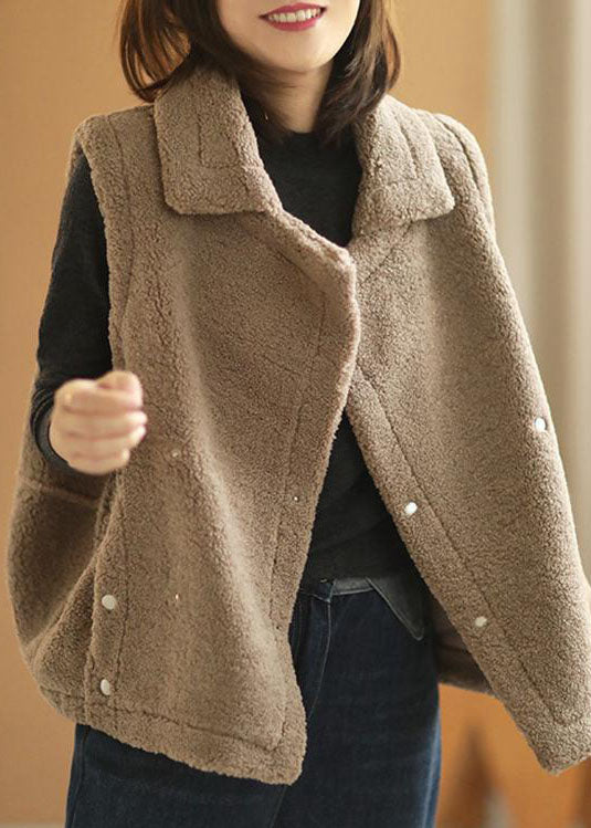 Einzigartige khakifarbene Weste mit Peter-Pan-Kragen und Kunstpelz, ärmellos