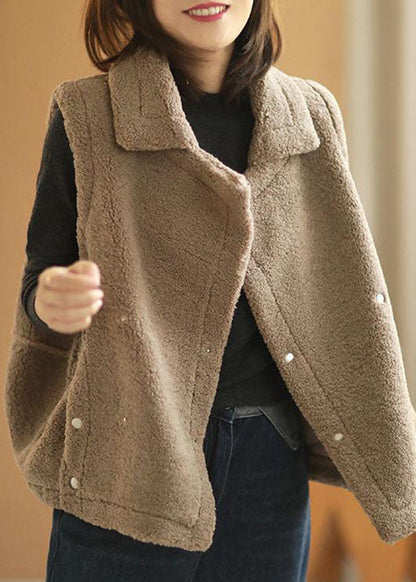 Einzigartige khakifarbene Weste mit Peter-Pan-Kragen und Kunstpelz, ärmellos