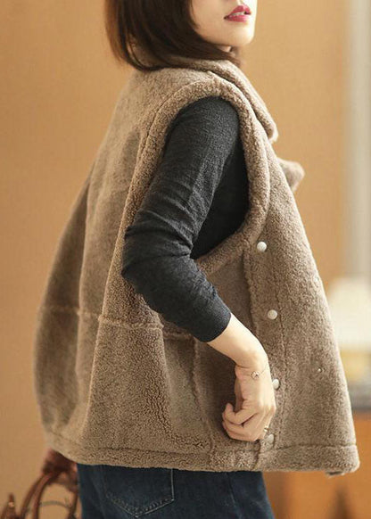 Einzigartige khakifarbene Weste mit Peter-Pan-Kragen und Kunstpelz, ärmellos