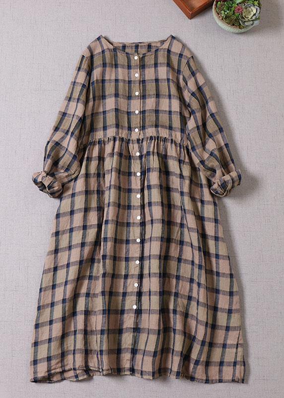 Unique Khaki Plaid Patchwork Pockets Button Fall Long sleeve Dresses - SooLinen