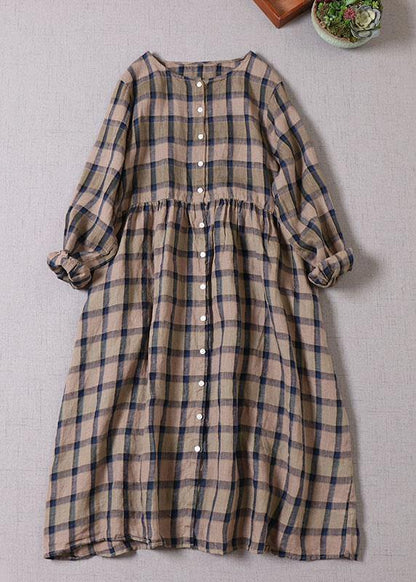 Unique Khaki Plaid Patchwork Pockets Button Fall Long sleeve Dresses - SooLinen