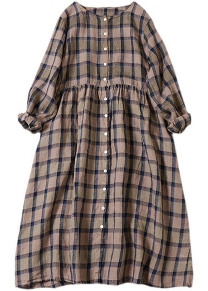 Unique Khaki Plaid Patchwork Pockets Button Fall Long sleeve Dresses - SooLinen