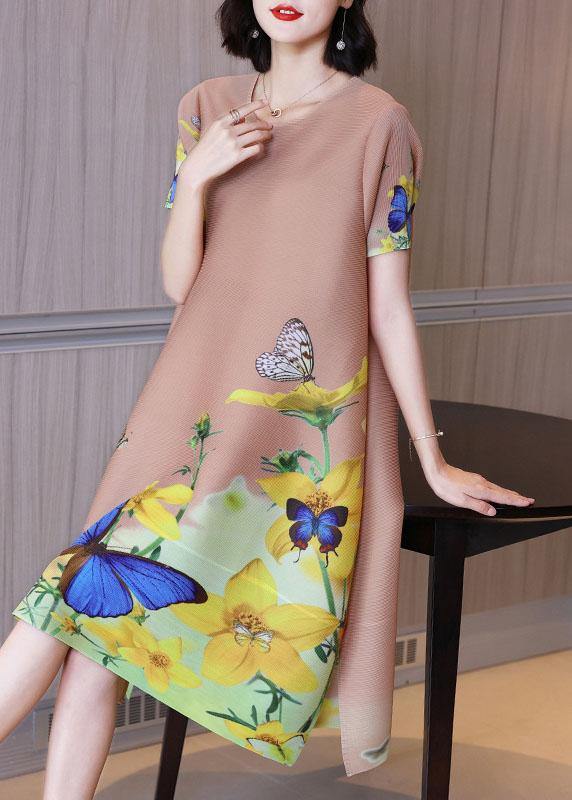 Unique Khaki Butterfly Print Knee Dress Summer Holiday Outfits - SooLinen