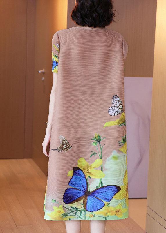 Unique Khaki Butterfly Print Knee Dress Summer Holiday Outfits - SooLinen
