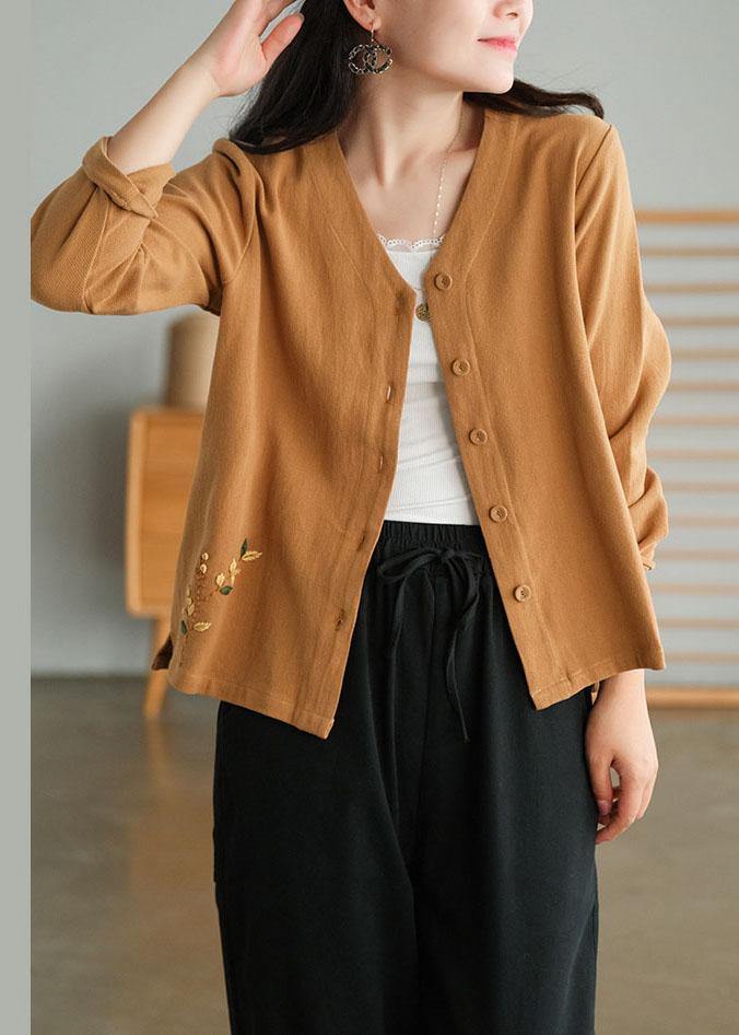 Unique Khaki Side Open Embroideried Fall Long Sleeve Shirt - SooLinen