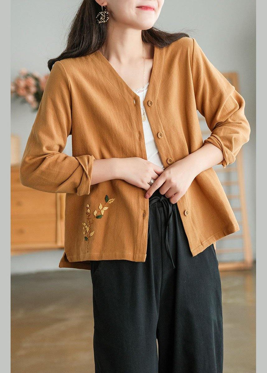 Unique Khaki Side Open Embroideried Fall Long Sleeve Shirt - SooLinen