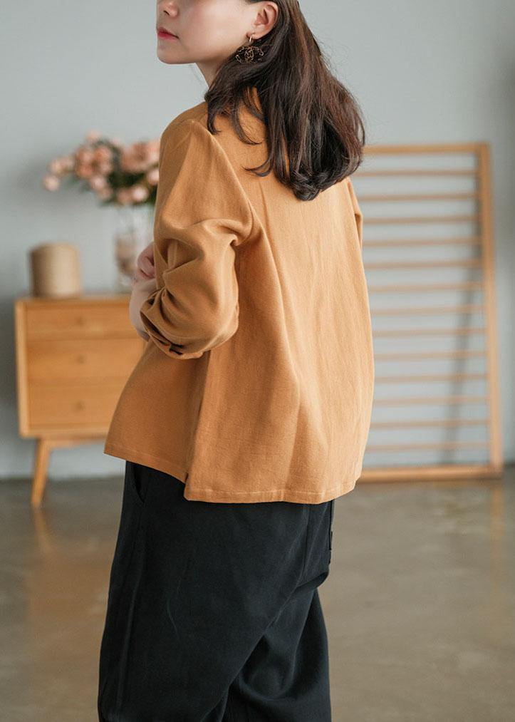 Unique Khaki Side Open Embroideried Fall Long Sleeve Shirt - SooLinen