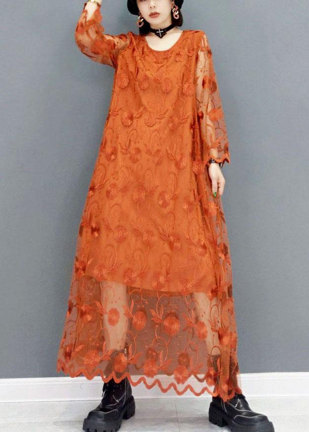 Unique Khaki Tulle Embroideried Fall Long Sleeve Long Dress - SooLinen