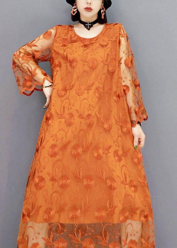 Unique Khaki Tulle Embroideried Fall Long Sleeve Long Dress - SooLinen