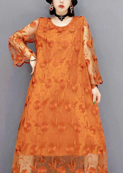 Unique Khaki Tulle Embroideried Fall Long Sleeve Long Dress - SooLinen