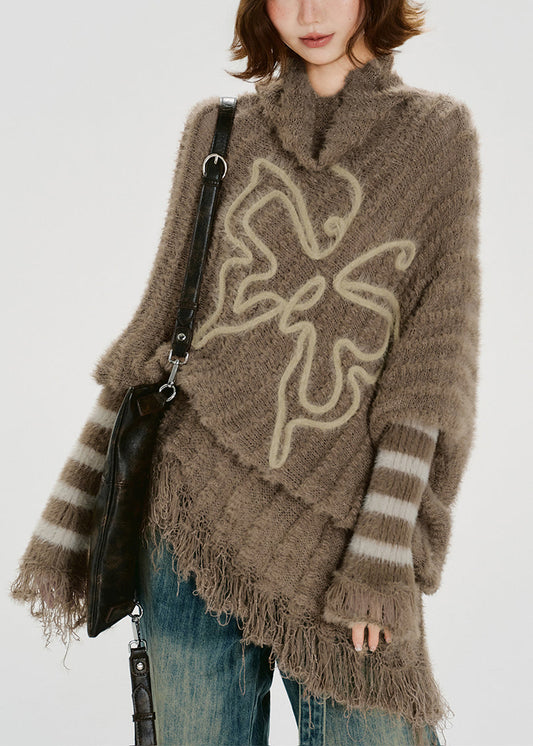 Einzigartiges khakifarbenes Stricktop mit Rollkragen, Quasten und Fledermausärmeln