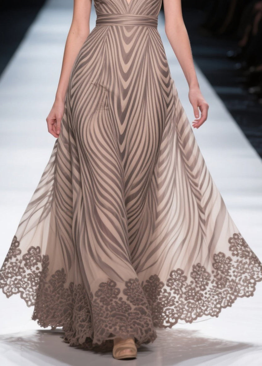 Unique Khaki Zebra Pattern Exra Large Hem Chiffon Dresses Summer