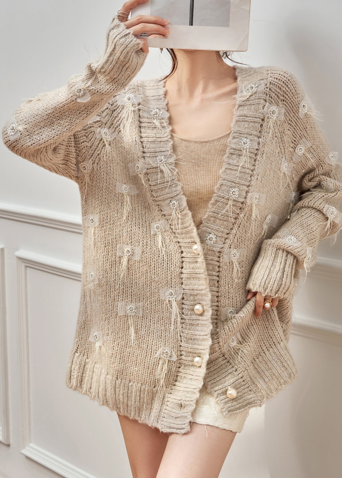 Unique Knit Cardigan Oatmeal Feather Zircon Cotton V Neck Spring