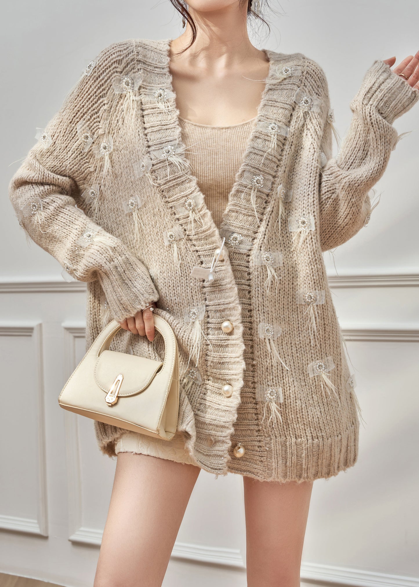 Unique Knit Cardigan Oatmeal Feather Zircon Cotton V Neck Spring