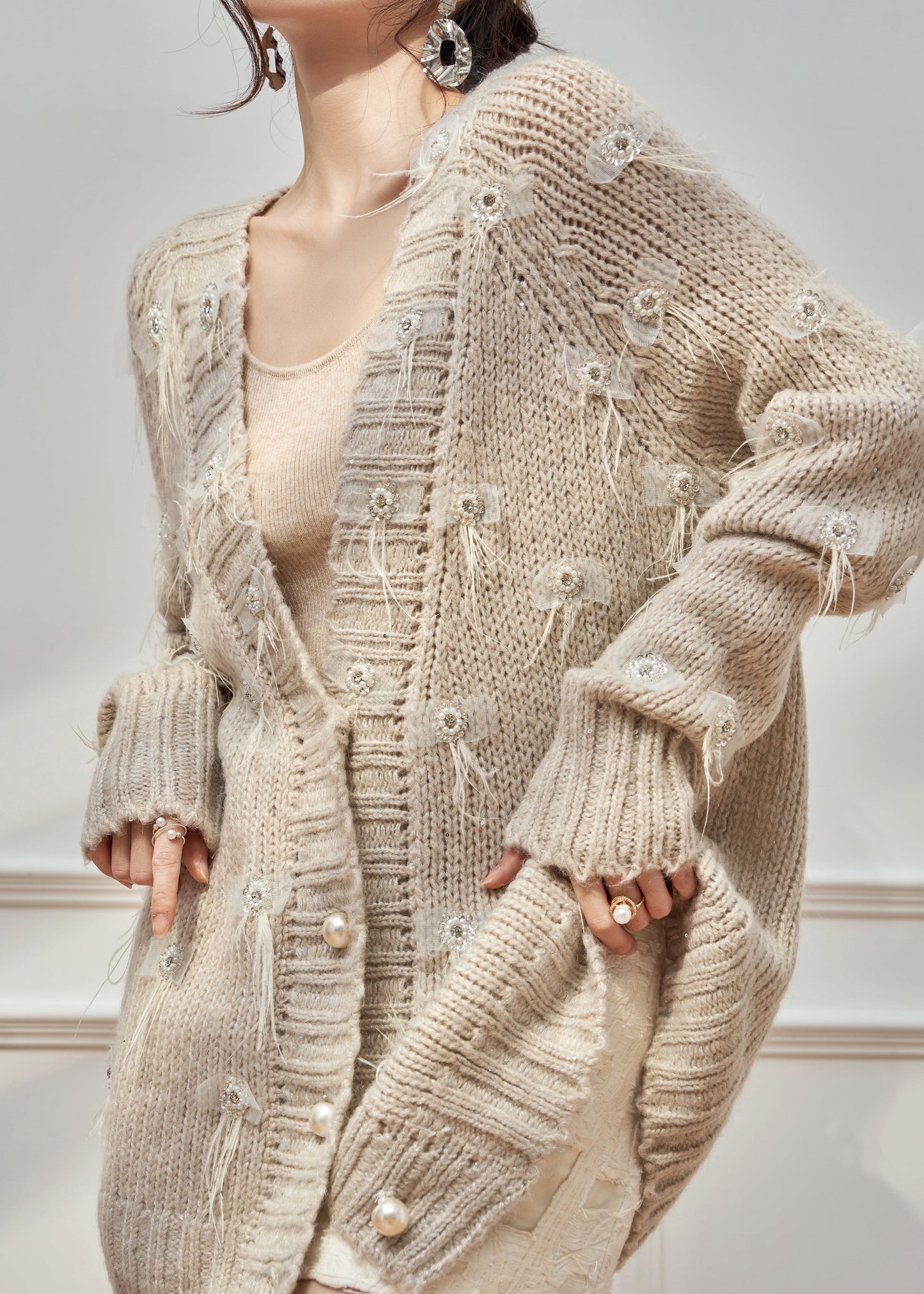 Unique Knit Cardigan Oatmeal Feather Zircon Cotton V Neck Spring