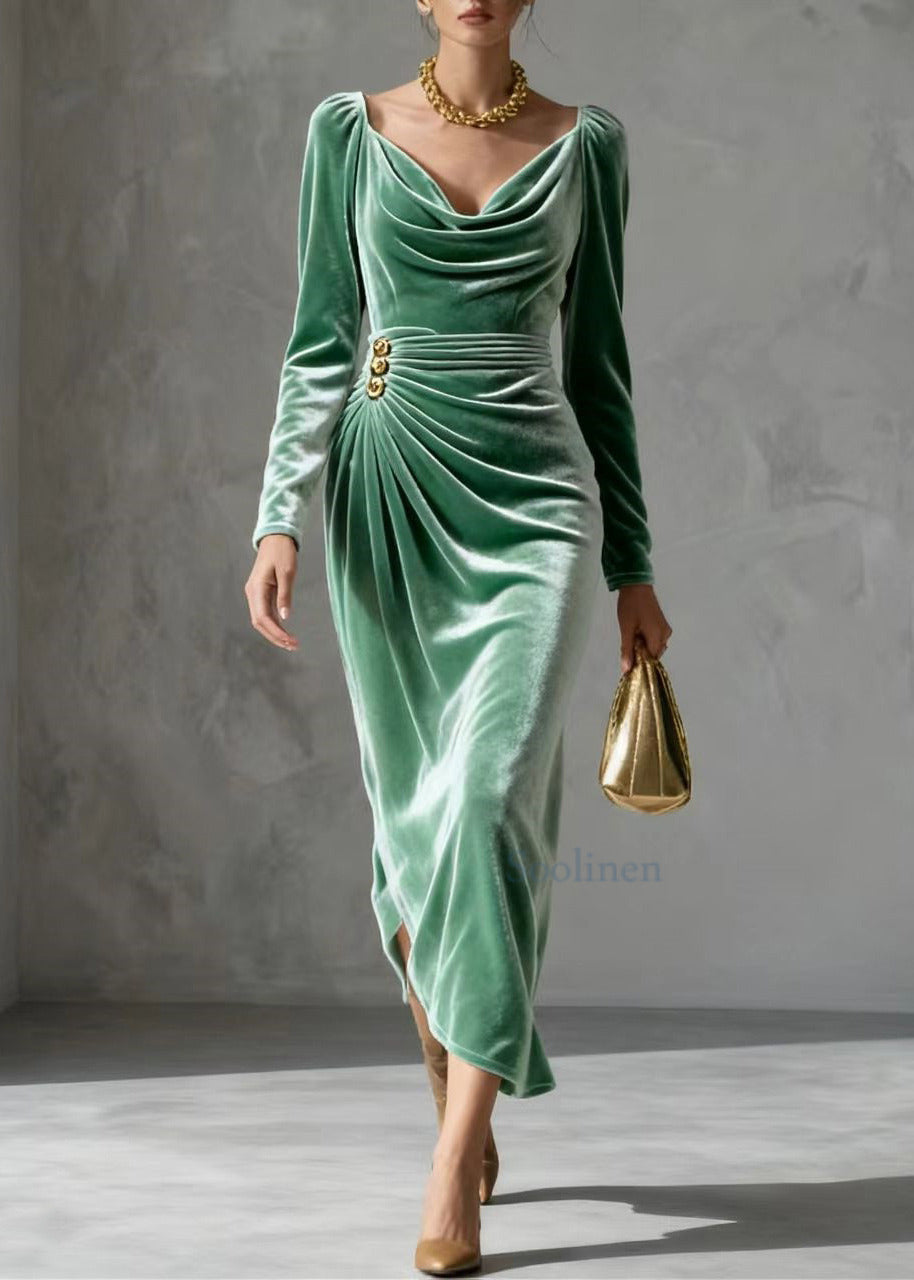 Unique Lake Green Wrinkled Silk Velvet Tea Dress Spring