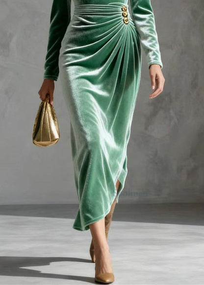 Unique Lake Green Wrinkled Silk Velvet Tea Dress Spring