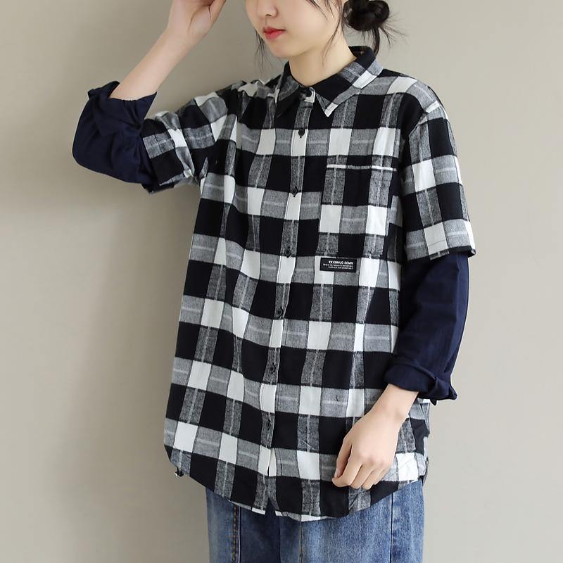 Unique Lapel False Two Pieces Crane Tops Design Black White Plaid Tops - SooLinen