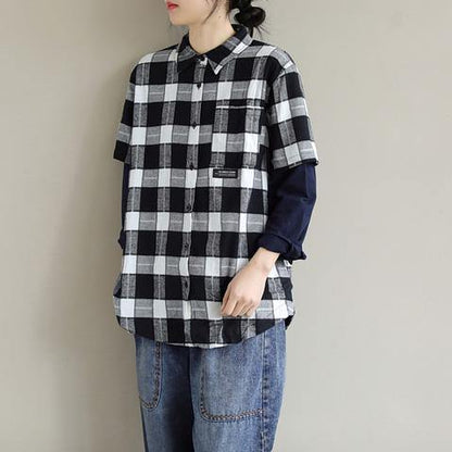 Unique Lapel False Two Pieces Crane Tops Design Black White Plaid Tops - SooLinen