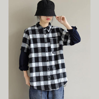 Unique Lapel False Two Pieces Crane Tops Design Black White Plaid Tops - SooLinen