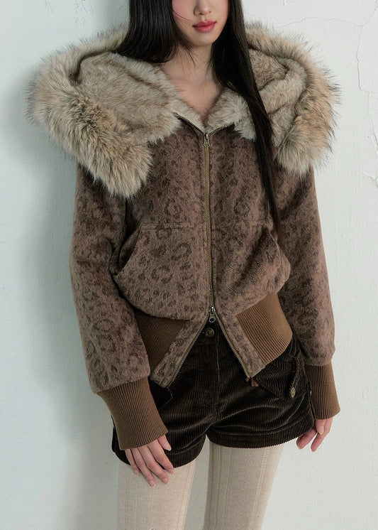 Abrigos de lana con capucha y bolsillos con cremallera de leopardo únicos para invierno