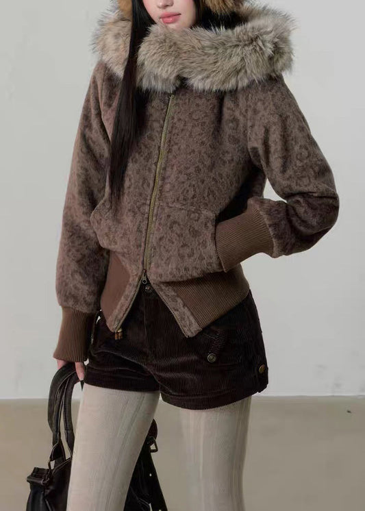 Abrigos de lana con capucha y bolsillos con cremallera de leopardo únicos para invierno