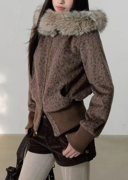 Abrigos de lana con capucha y bolsillos con cremallera de leopardo únicos para invierno