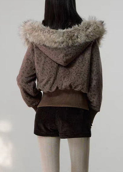 Abrigos de lana con capucha y bolsillos con cremallera de leopardo únicos para invierno