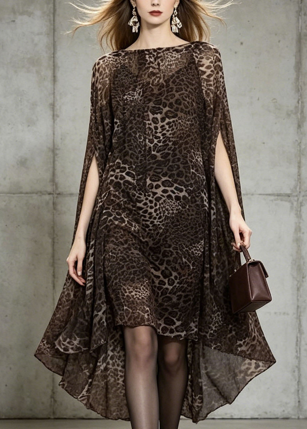 Unique Leopard Print Slash Neck Chiffon Dress Batwing Sleeve