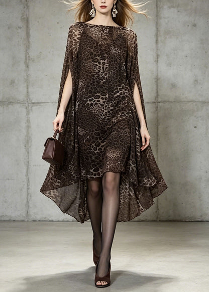 Unique Leopard Print Slash Neck Chiffon Dress Batwing Sleeve