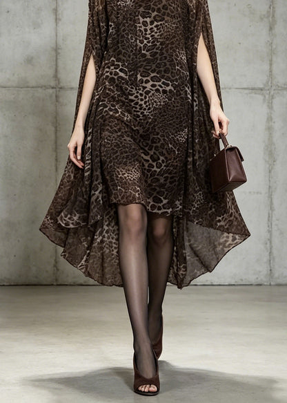 Unique Leopard Print Slash Neck Chiffon Dress Batwing Sleeve