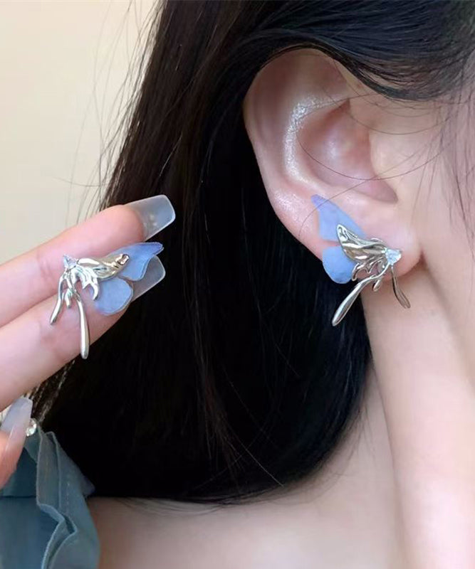 Unique Light Blue Copper Alloy Resin Tulle Butterfly Stud Earrings
