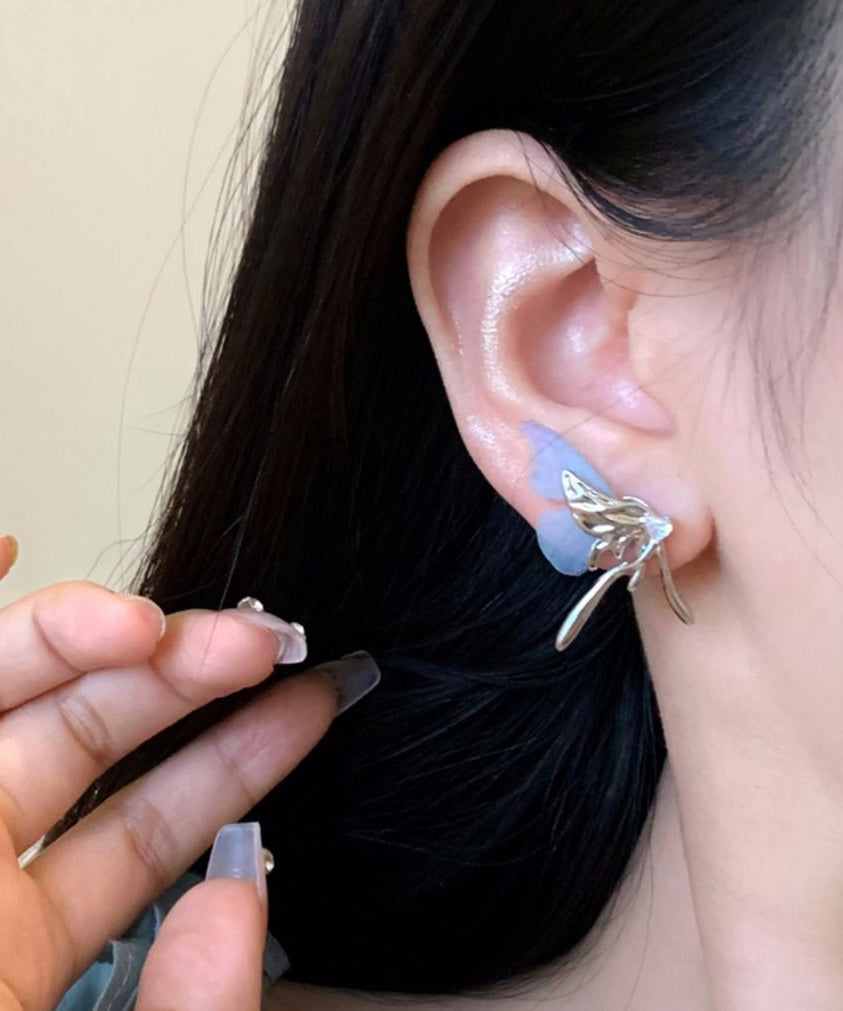 Unique Light Blue Copper Alloy Resin Tulle Butterfly Stud Earrings