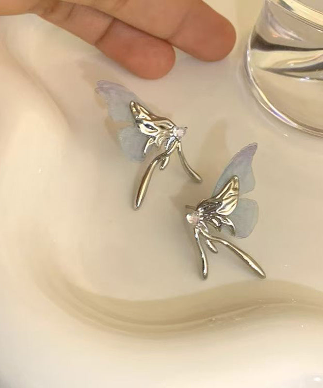Unique Light Blue Copper Alloy Resin Tulle Butterfly Stud Earrings