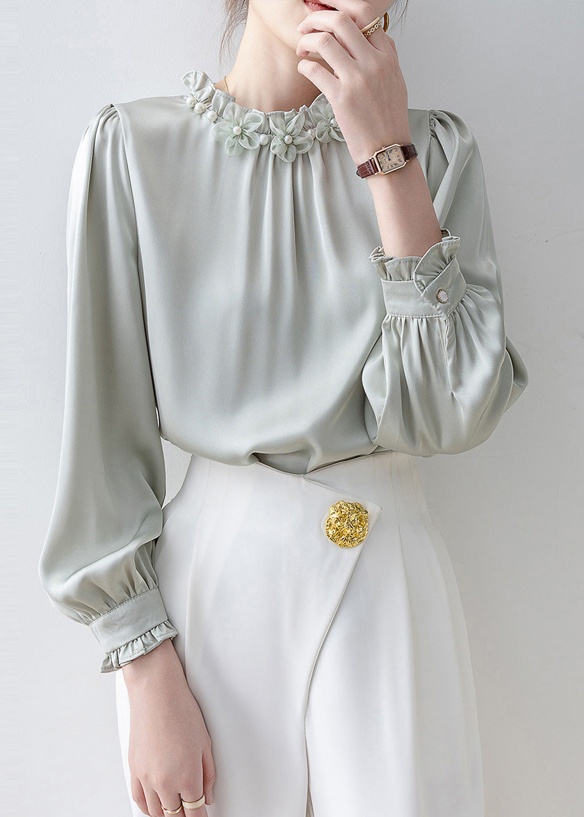 Unique Light Blue Ruffled Floral Chiffon Shirts Spring