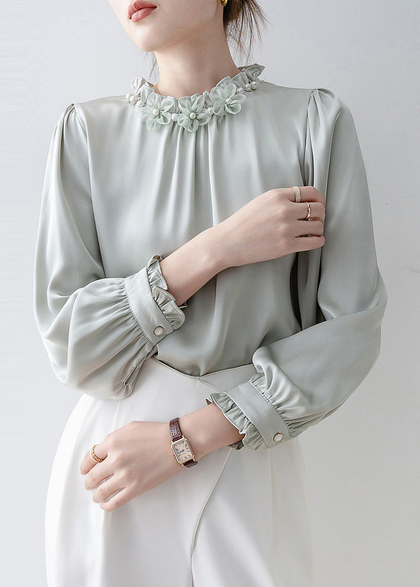 Unique Light Blue Ruffled Floral Chiffon Shirts Spring