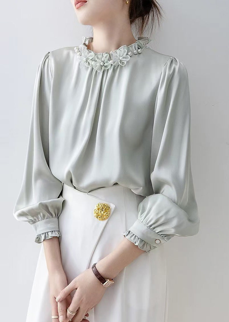 Unique Light Blue Ruffled Floral Chiffon Shirts Spring