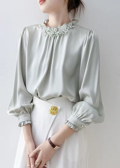 Unique Light Blue Ruffled Floral Chiffon Shirts Spring