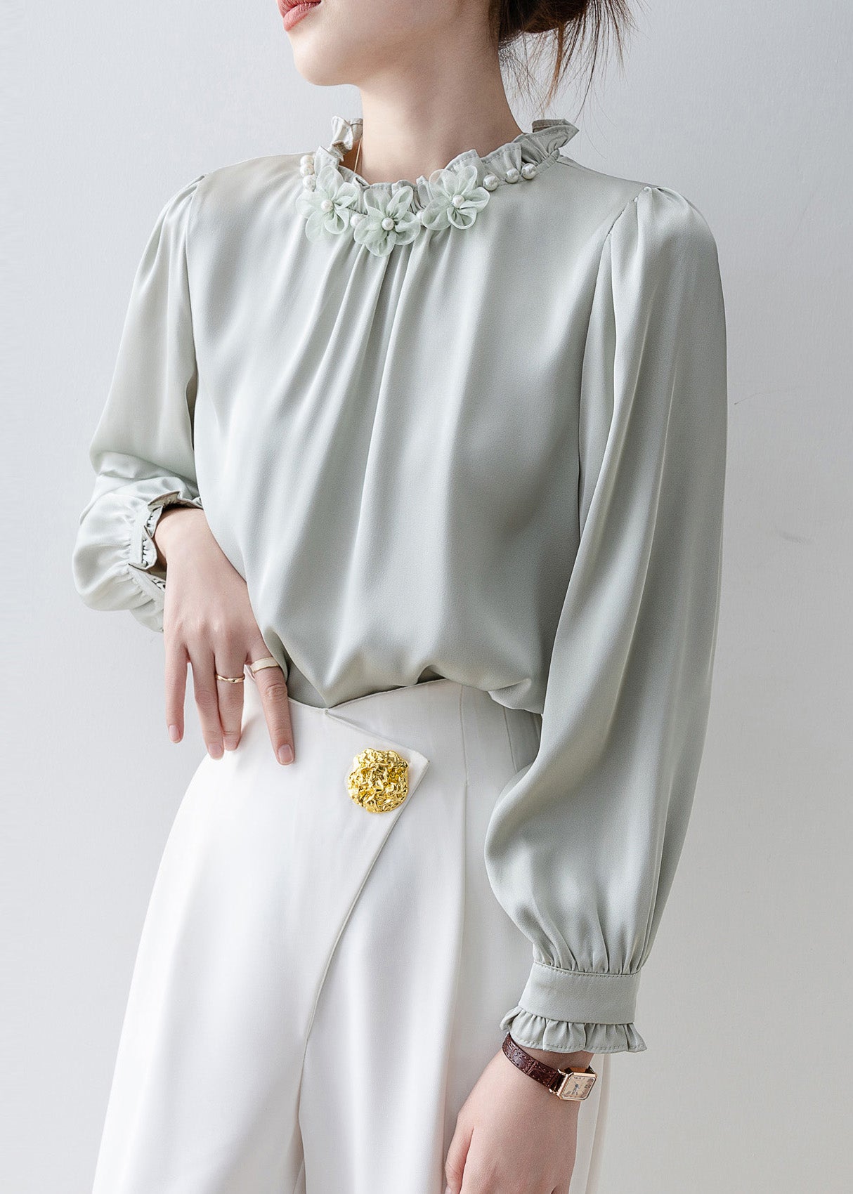 Unique Light Blue Ruffled Floral Chiffon Shirts Spring