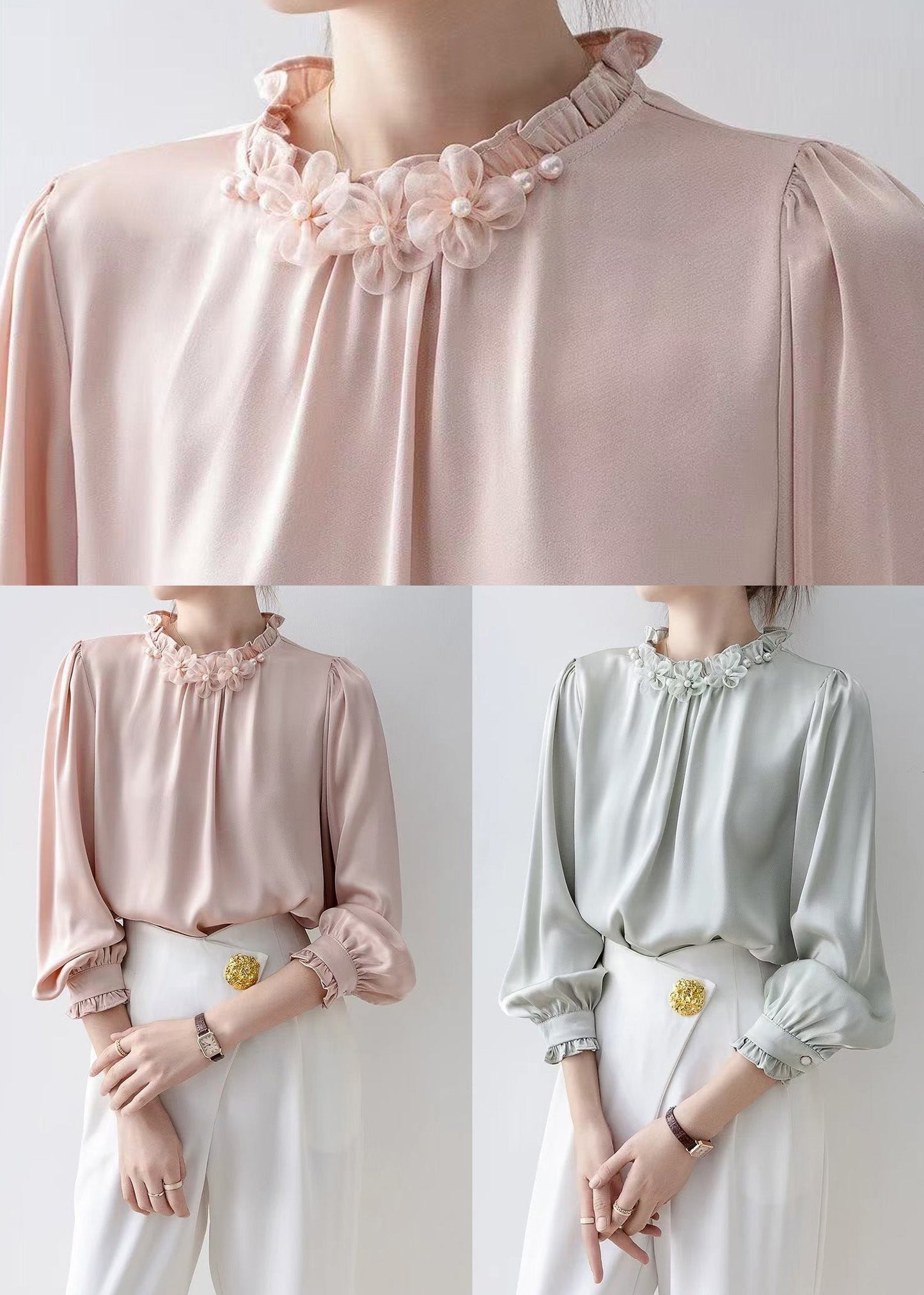 Unique Light Blue Ruffled Floral Chiffon Shirts Spring