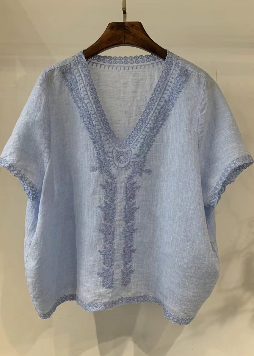 Unique Light Blue V Neck Embroidered Linen Shirt Tops Summer