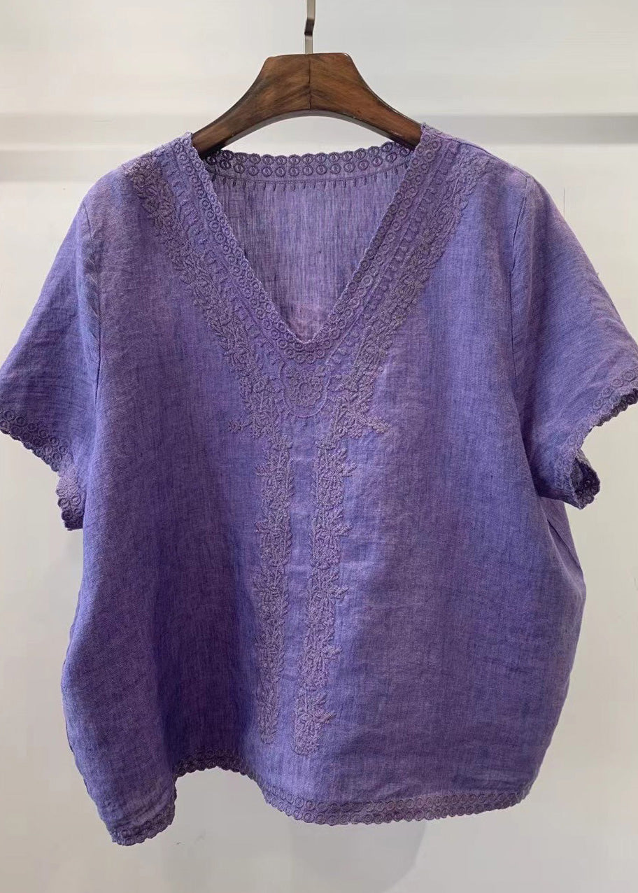 Unique Light Blue V Neck Embroidered Linen Shirt Tops Summer