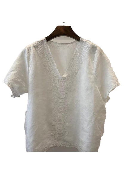 Unique Light Blue V Neck Embroidered Linen Shirt Tops Summer
