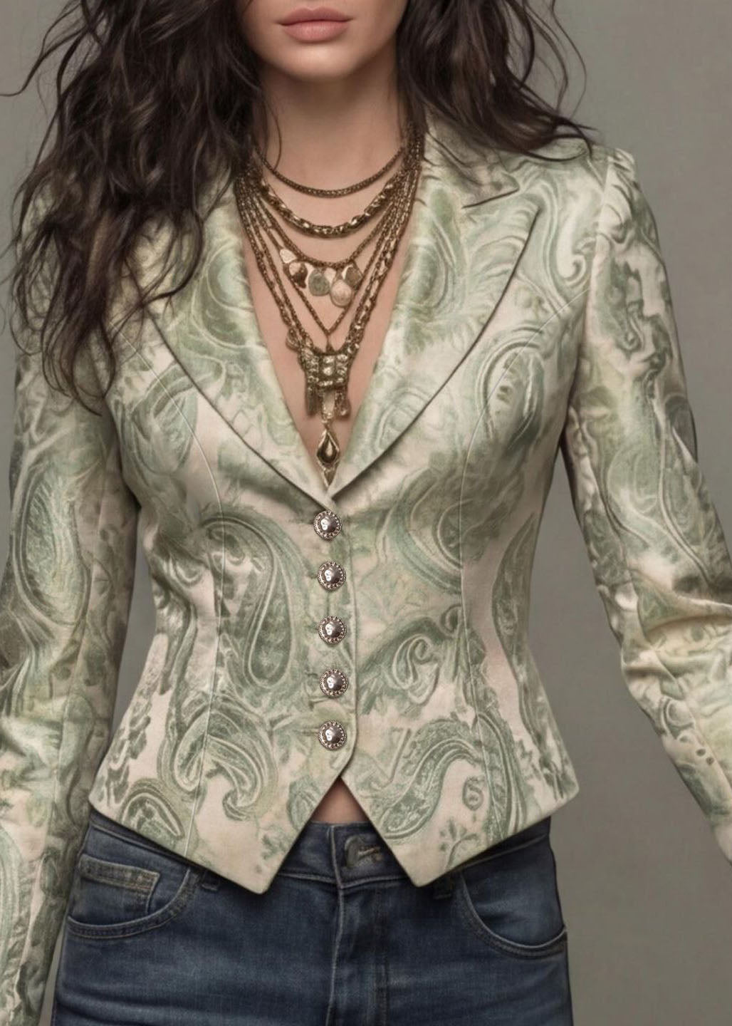 Unique Light Green Peter Pan Collar Print Button Cotton Blazer Jackets Coat Fall