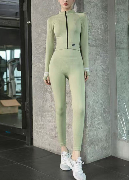 Unique Light Green Zip Up Long Sleeve Sports Yoga Set Outfit