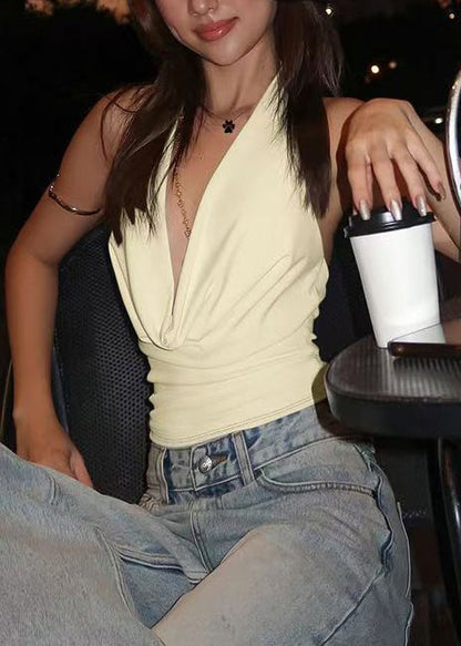 Unique Light Yellow Backless Silk Halter Tanks Summer