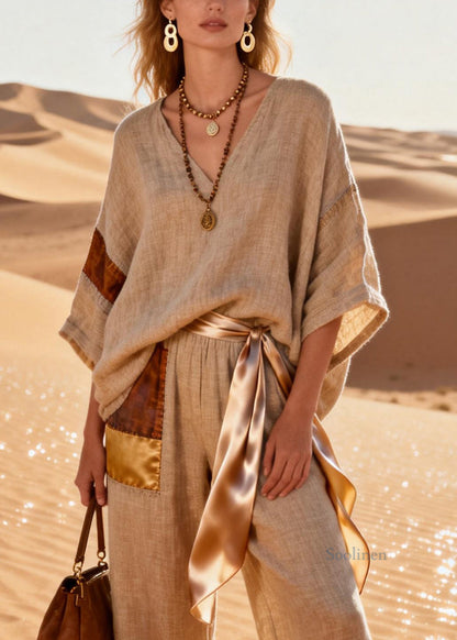 Unique Linen V Neck Lace Up Patchwork Two Pieces Set Batwing Sleeve