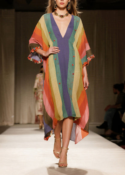 Unique Multicolored Ruffled Striped Cotton Maxi Dress Bracelet Sleeve